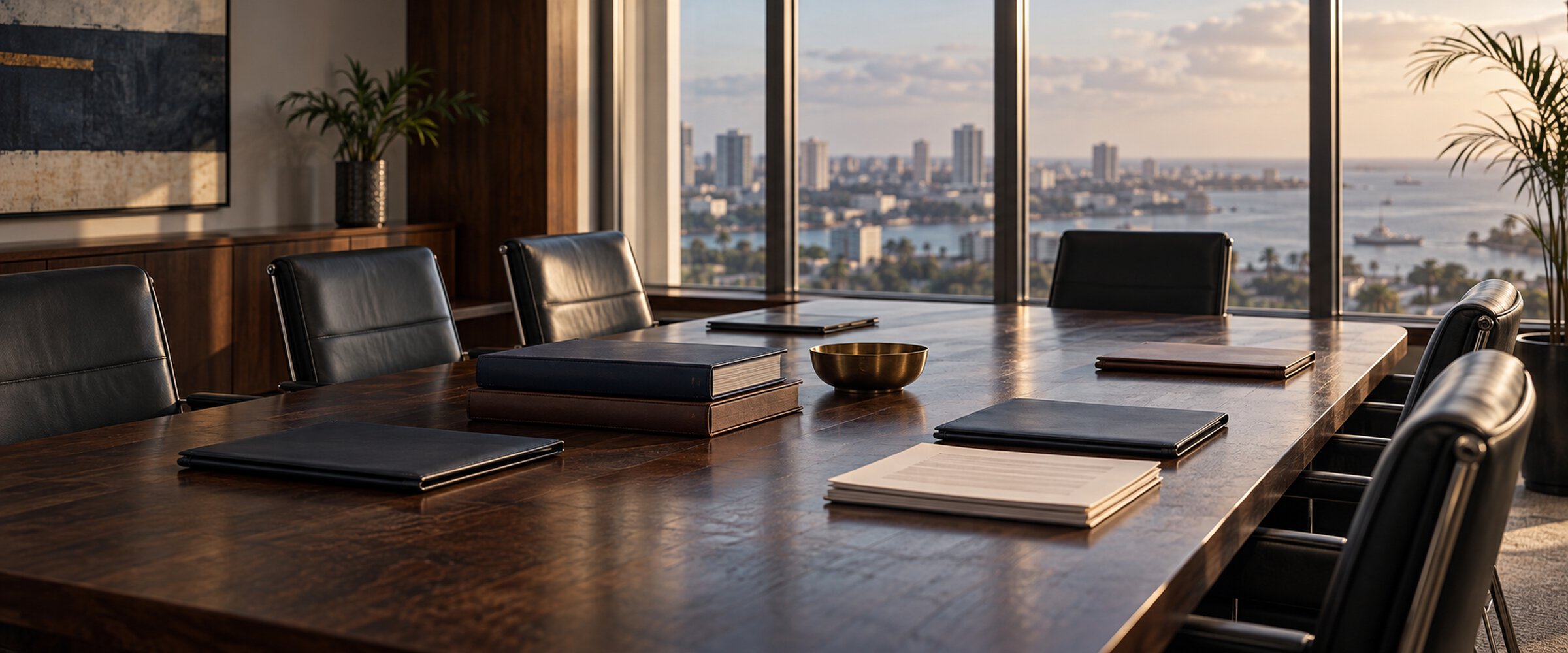 Boardroom table with bound legal files overlooking the harbour